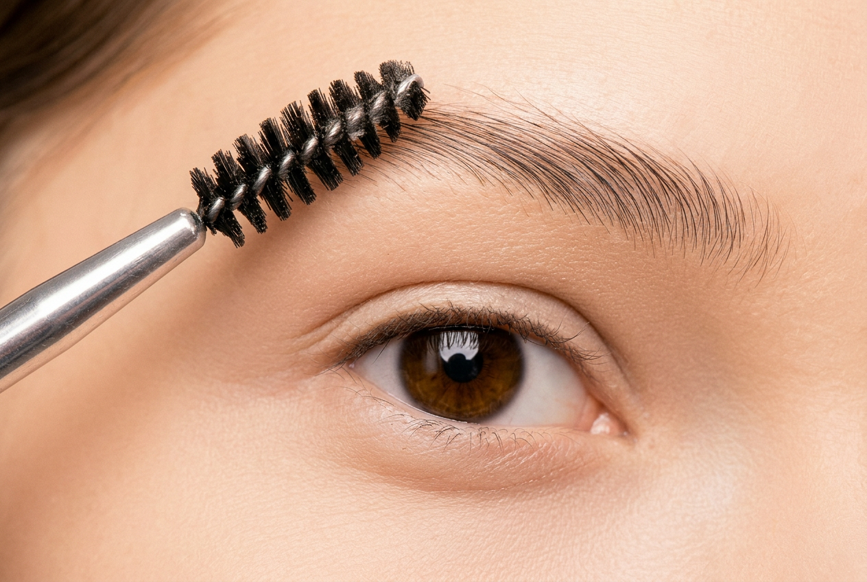 Gros plan d'un coiffage de sourcils à la brossette